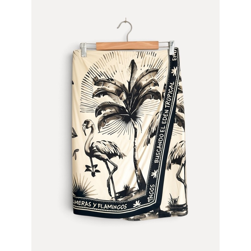 H&M Edition Skirt Tropical Flamingo Palm Tree Print M Cream Black Mini Skirt